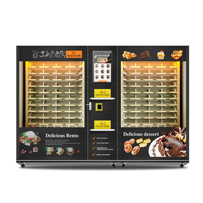 Automat sprzedający o dużej pojemności z 2 szafkami na gotowe posiłki z podgrzewaniem mikrofalowym i napojami, puszkami, ciastami, deserami