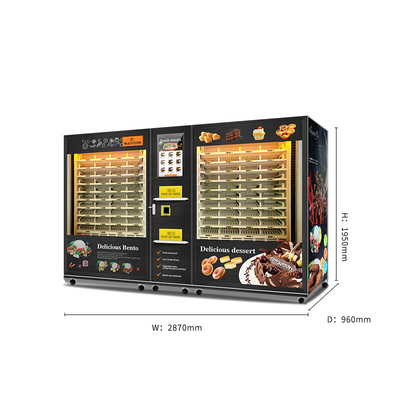 Automat sprzedający o dużej pojemności z 2 szafkami na gotowe posiłki z podgrzewaniem mikrofalowym i napojami, puszkami, ciastami, deserami